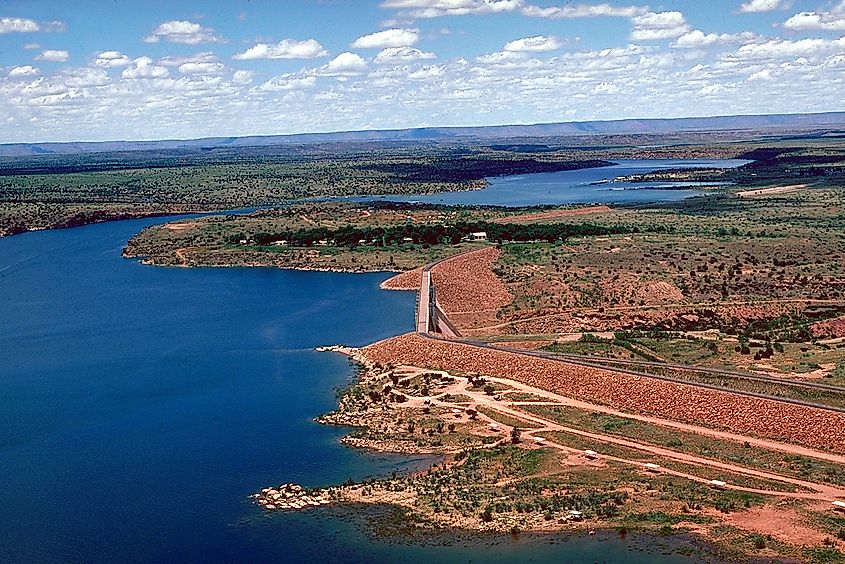 Aerial view of Conchas Dam, impounding Conchas Lake on the Canadian River in San Miguel County, New Mexico