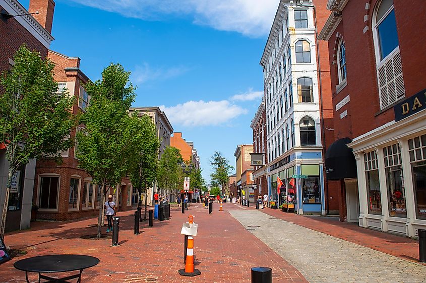 Historic buildings on Essex Street pedestrian street in Salem, Massachusetts. Image credit Wangkun Jia via Shutterstock.com