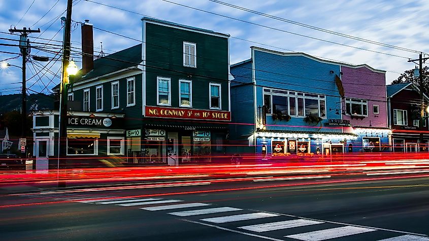 Downtown North Conway, New Hampshire at night.