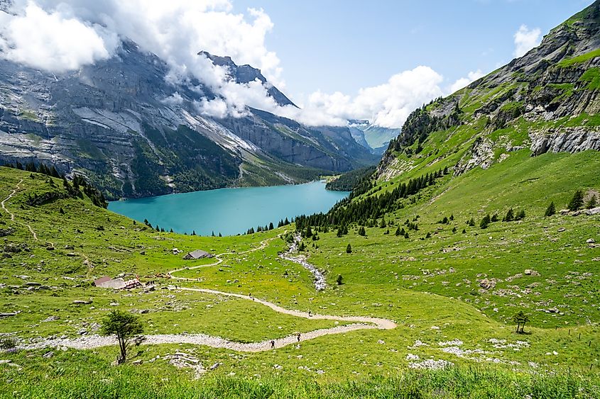 Hiking trail along the Oeschinensee Lake hike in Switzerland.