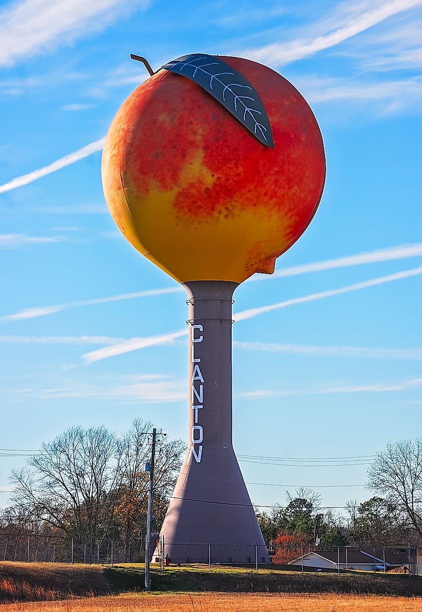 The peach-shaped water tower is pictured in Clanton, Alabama.