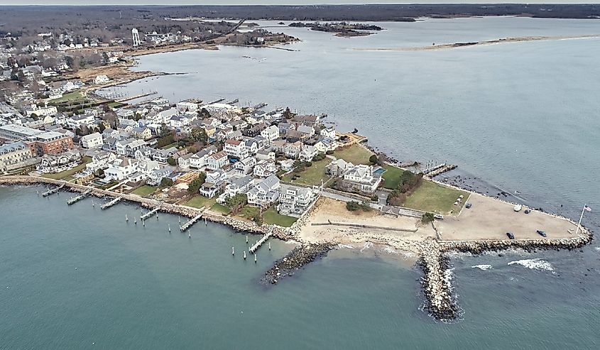 Aerial of Stonington, Connecticut on the water