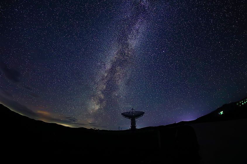 Radio telescopes and the Milky Way at night. Via Shutterstock / zhengzaishuru.