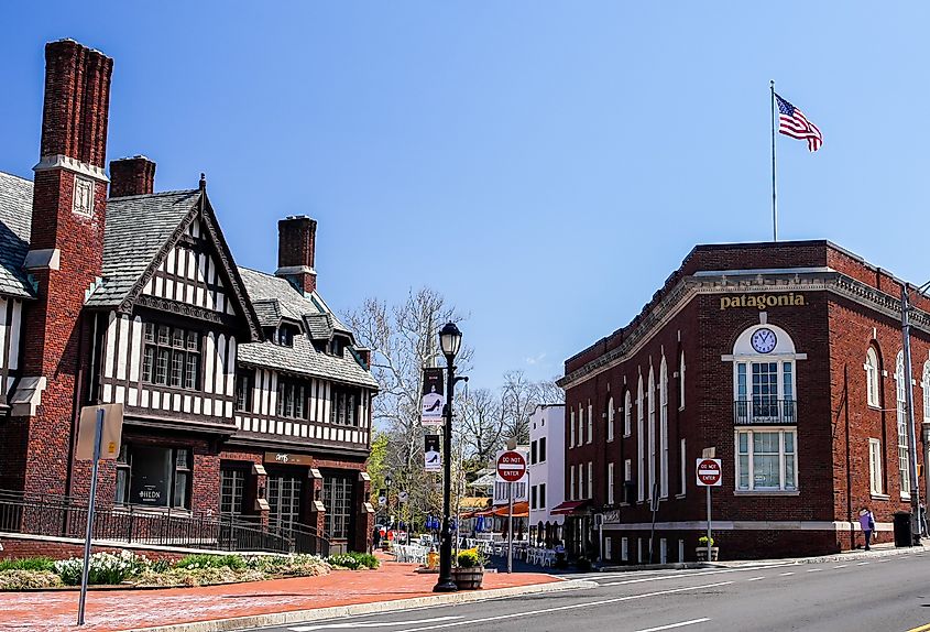 Shops and awnings along the downtown streets of Westport, Connecticut.