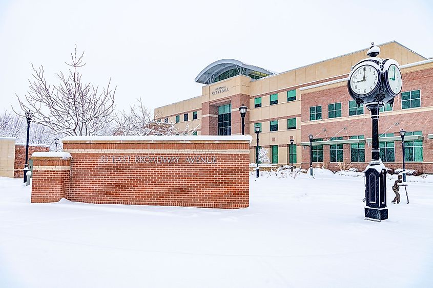 Snow falls in the park at Meridian City Hall in Meridian, Idaho