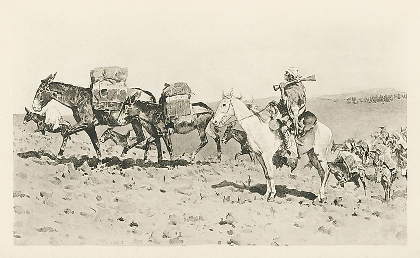 A Pack Train to Santa Fe 1820, Painting by Frederic Remington - 19th Century 