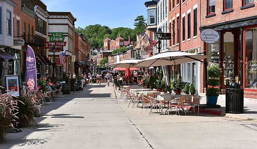 Part of downtown Galena with its shops and restaurants on an extremely warm day. The small town is known for its history and architecture.