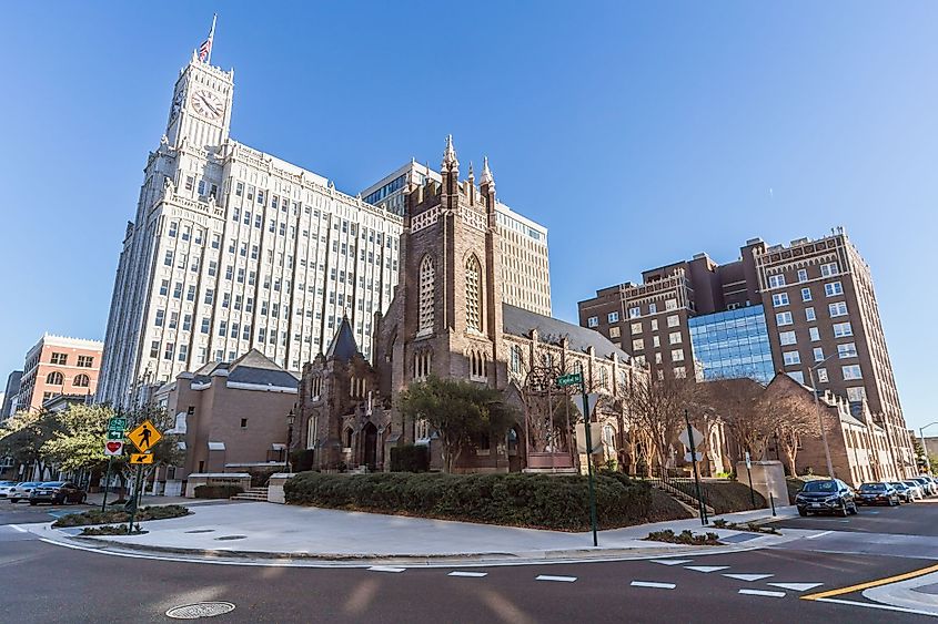 Lamar Life Building and St. Andrew's Episcopal Cathedral in downtown Jackson, Mississippi