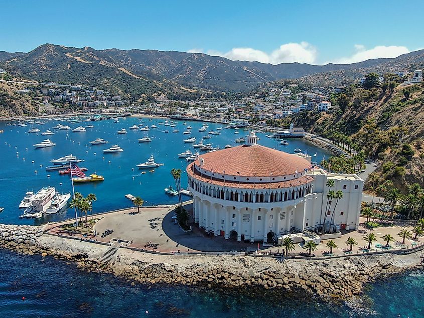 Aerial view of Catalina Casino and Avalon Harbor