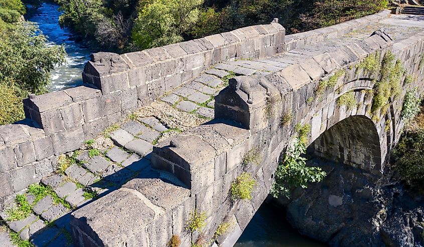 View Sanahin Bridge above Debed river on sunny summer day. Alaverdi, Lori Province, Armenia.