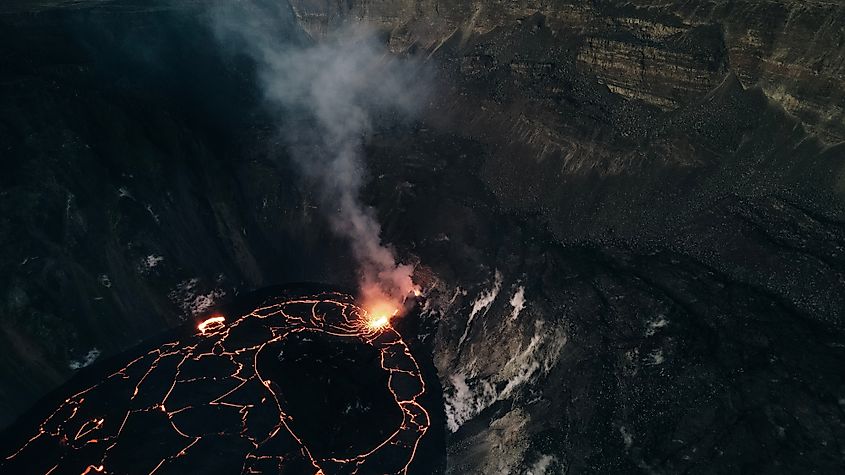 Helicopter over Kilauea Volcano in Hawaii Volcanoes National Park