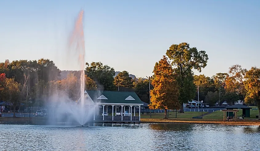 Fountain and gazebo in late afternoon at Oxford Lake Park.
