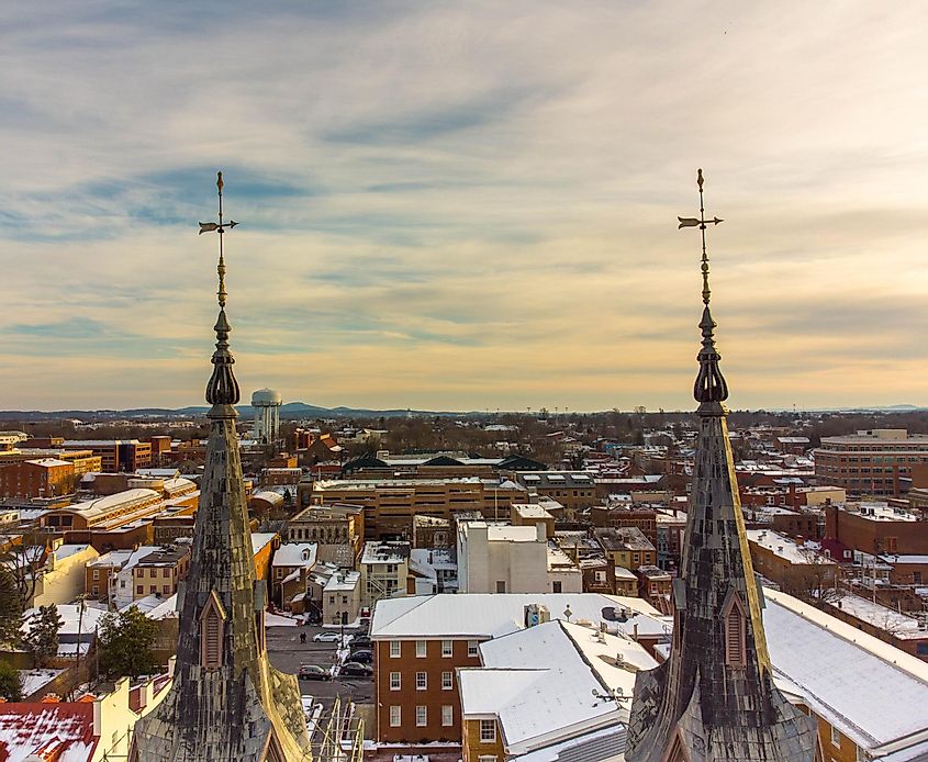 Aerial view of downtown Frederick Maryland through the Evangelical Lutheran Church steeples 