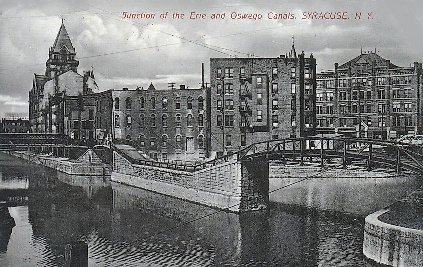 Erie Canal at junction of Oswego Canal in Syracuse, circa 1900.
