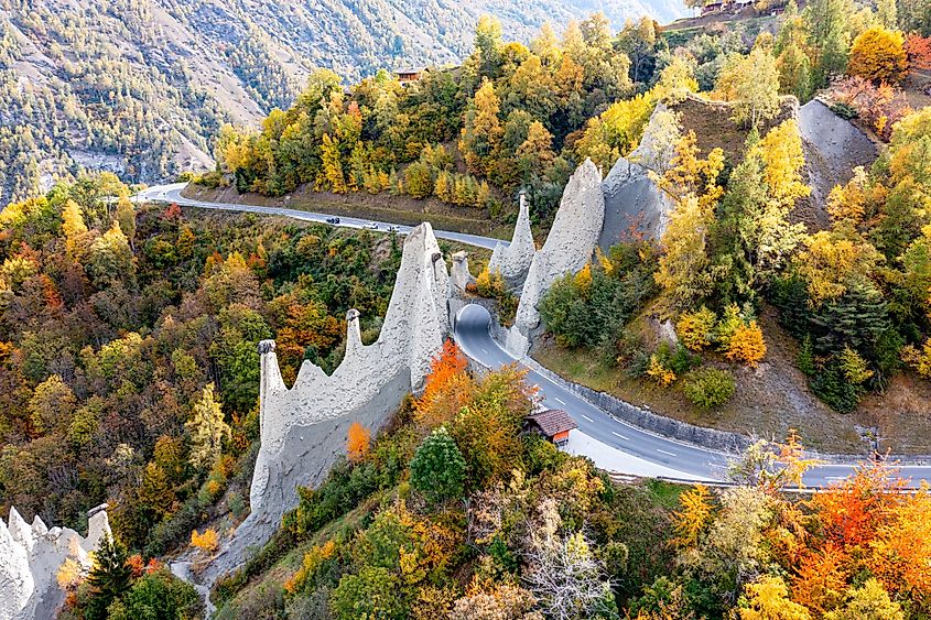 The earth pyramids of Euseigne in the Val d'Hérins (Eringertal) in the Canton of Valais, Switzerland.