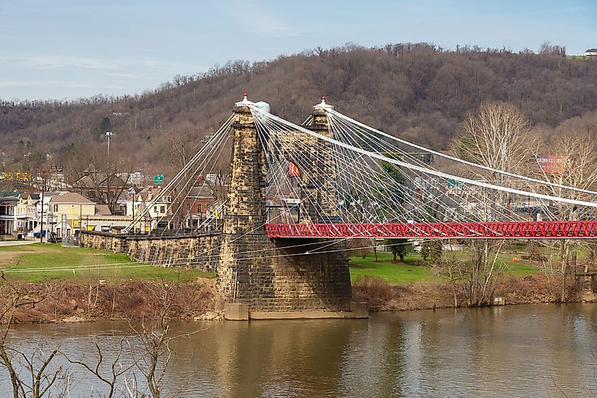 Historic Wheeling Suspension Bridge, built from 1847 to 1872, on the National Road over the Ohio River in Wheeling, West Virginia.