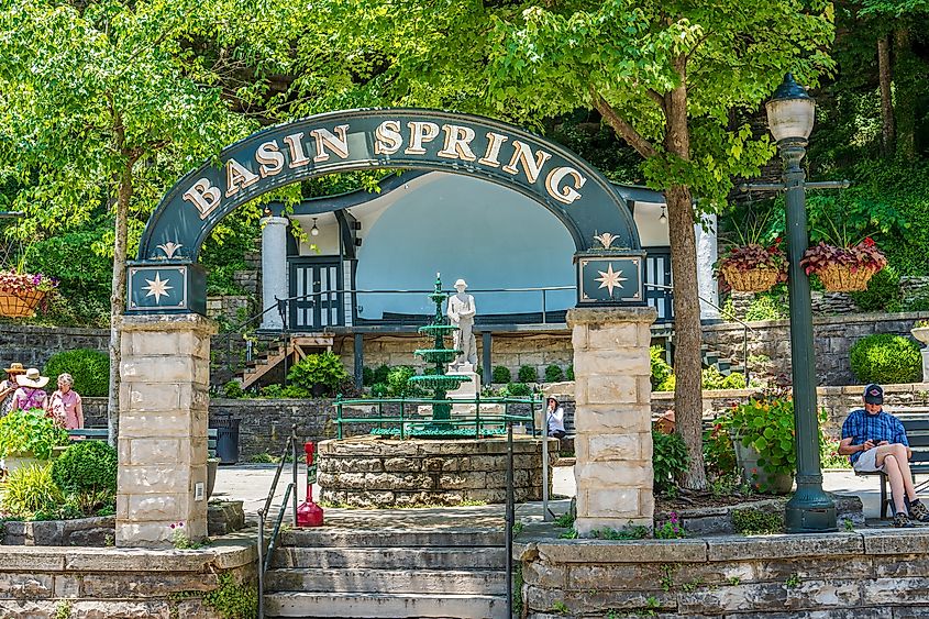 Basin Spring Park in downtown Eureka Springs, Arkansas, is the site of a healing spring known to Native Americans and early pioneer settlers.