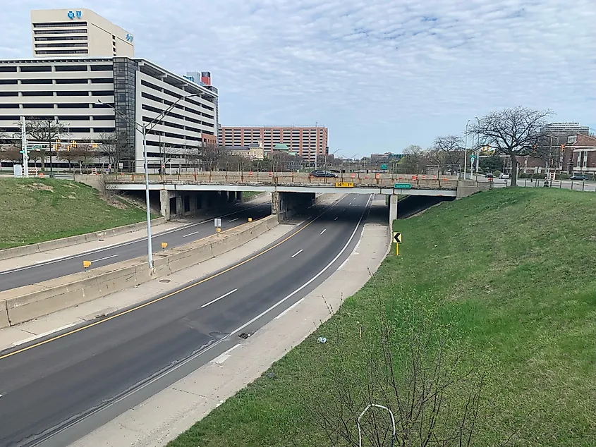 A picture of Interstate 375 in downtown Detroit, Michigan