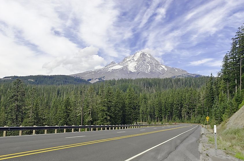 View of volcanic Mt. Hood, highest mountain in Oregon (11,249 feet, or 3,429 meters) and training ground for winter athletes, from Mount Hood Highway No. 26 in September.