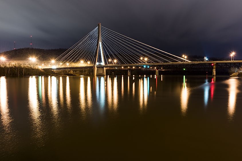 A view of the Veterans Memorial Bridge, a cable-stayed suspension that carries US 22 over the Ohio River between Weirton, West Virginia and Steubenville, Ohio.