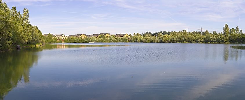 Panoramic view of Salish Pond lake in Fairview Oregon.