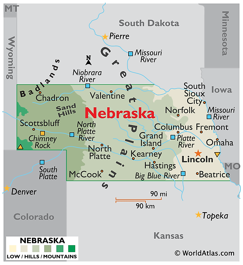 Physical map of Nebraska showing the Platte River, the Sandhills, and the Great Plains.
