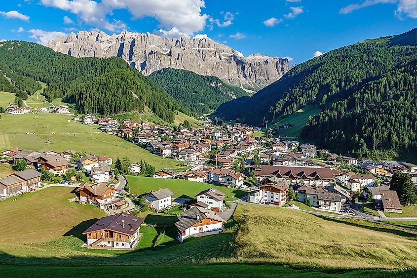 Wide-angle view of Selva di Val Gardena, Italian Alps.