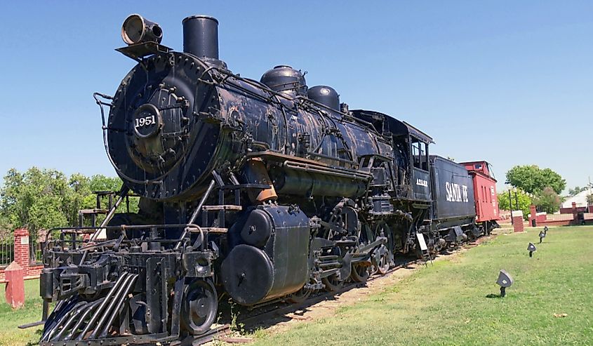 Front-side view of a Santa Fe Railway Locomotive No. 1951 train exhibited at the train depot in Pauls Valley, Oklahoma