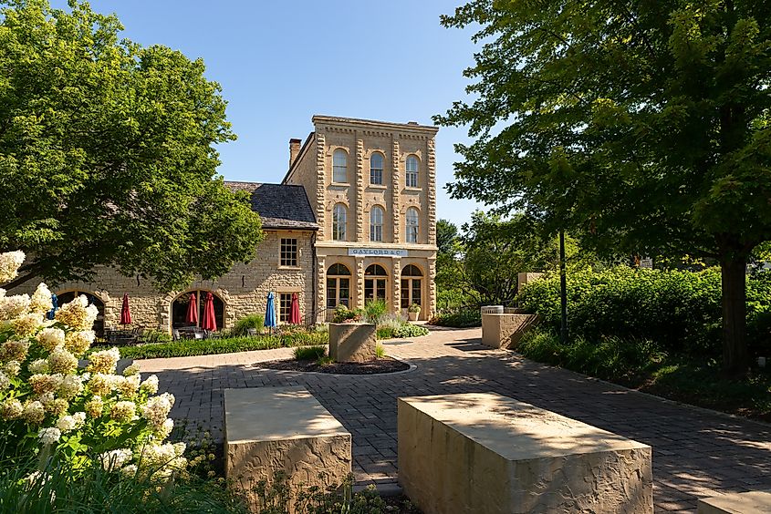 Lockport, Illinois: Exterior of the the historic Gaylord Building, built in 1838, at the Lincoln Landing on the I and M Canal.