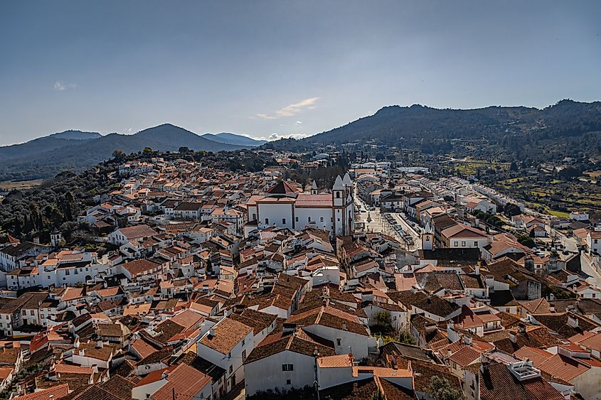 View of Castelo de Vide and forest hills from the castle, Portugal.