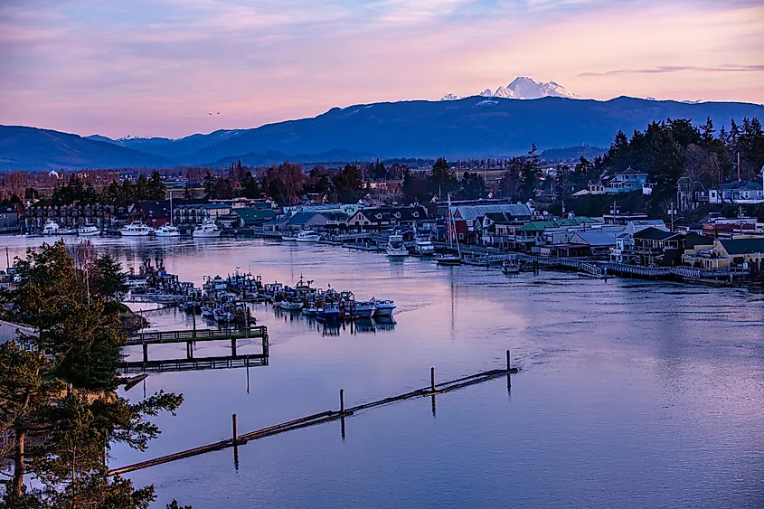 La Conner, Washington State: Swinomish Channel with Mt. Baker in the background.