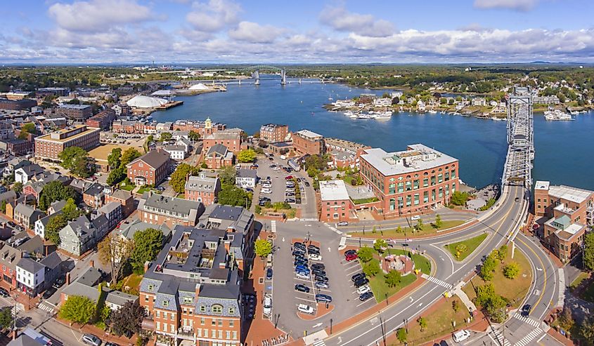 Portsmouth historic city center and Waterfront of Piscataqua River with Memorial Bridge aerial view, New Hampshire