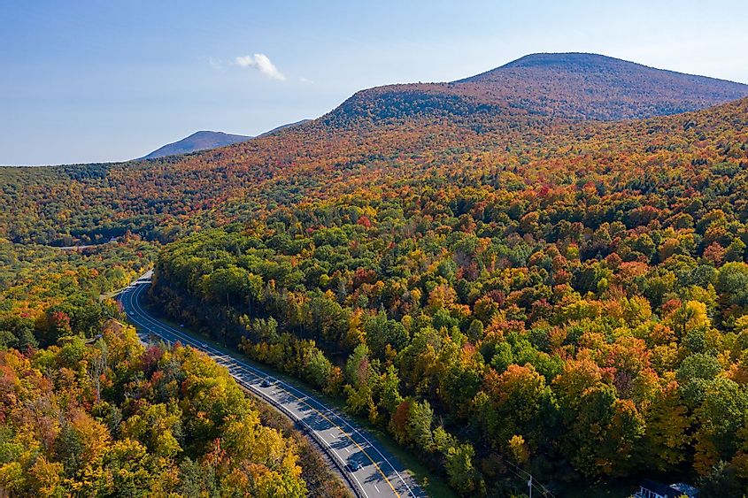 Aerial view of fall foliage along the Catskill Mountains in upstate New York along Five State Lookout