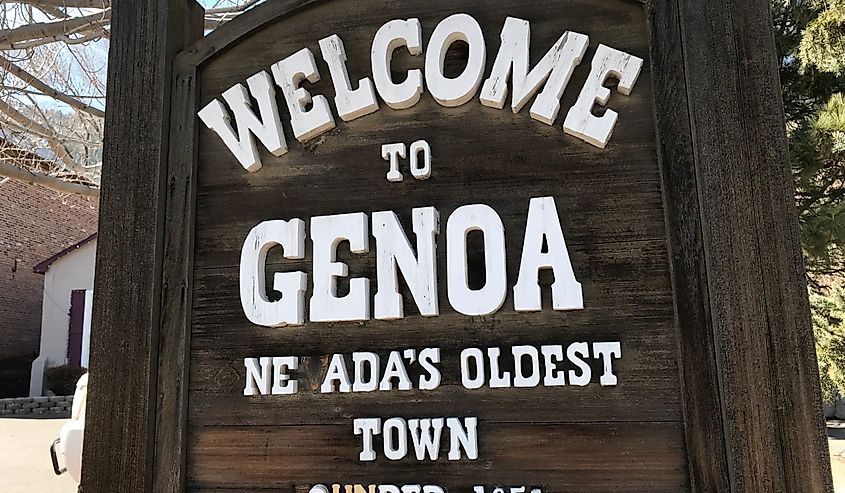 Entrance sign to Genoa, Nevada. Wooden sign that reads "Welcome to Genoa, Nevada's Oldest Town"