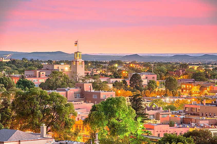 Santa Fe, New Mexico, downtown skyline at dusk.