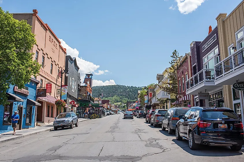 Looking down a downtown street in Park City, Utah.