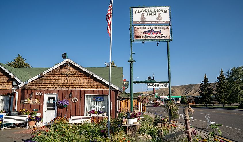 Sign and office for the Black Bear Inn, a small motel in downtown Dubois Wyoming