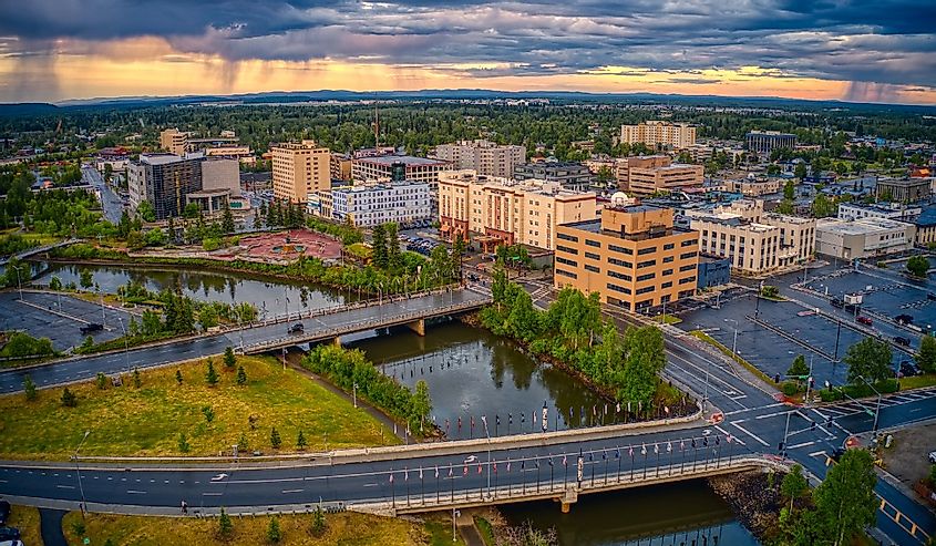 Aerial View of Downtown Fairbanks, Alaska during a stormy Summer Sunset