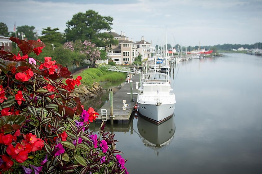 The Delaware Canal flowing past a town.