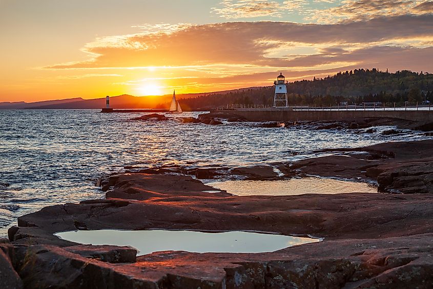 Sailboat entering the harbor at Grand Marais, Minnesota.