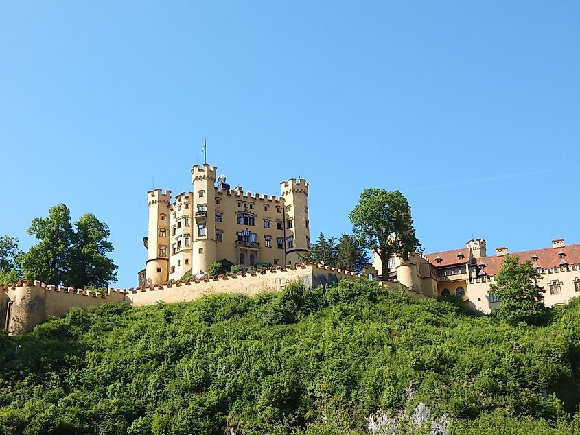 Hohenschwangau Castle seen from Alpseestraße in Schwangau, Germany.
