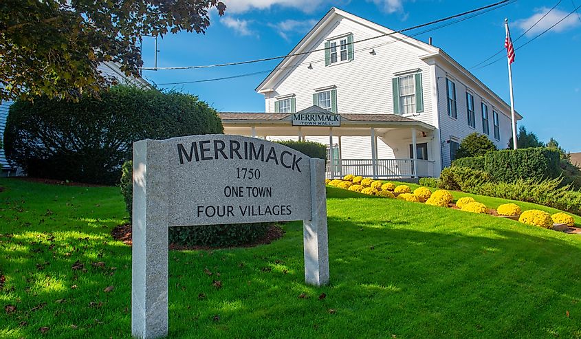 Merrimack sign and town hall in Merrimack, New Hampshire