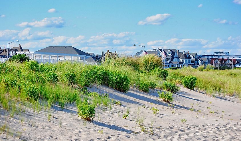 Sand and homes along Spring Lake Beach, New Jersey.