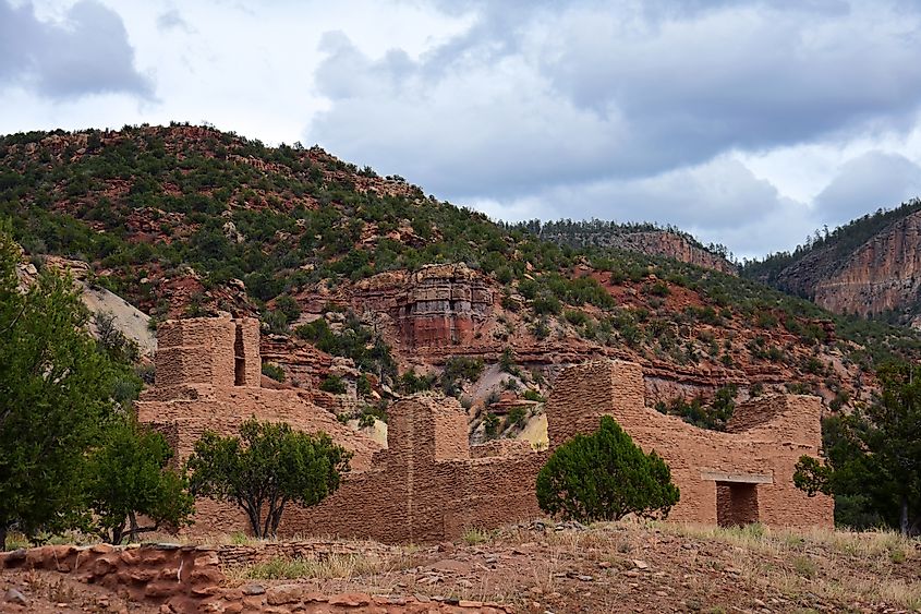 the archaeological remains of a native american giusewa pueblo and spanish colonial mission at jemez historic site in jemez springs, new mexico
