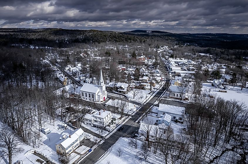 Aerial view of Ashburnham, Massachusetts, in winter.