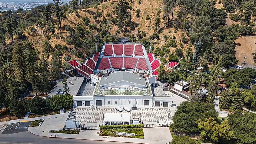 Aerial view of the famous Greek Theatre in Griffith Park, Los Angeles, California