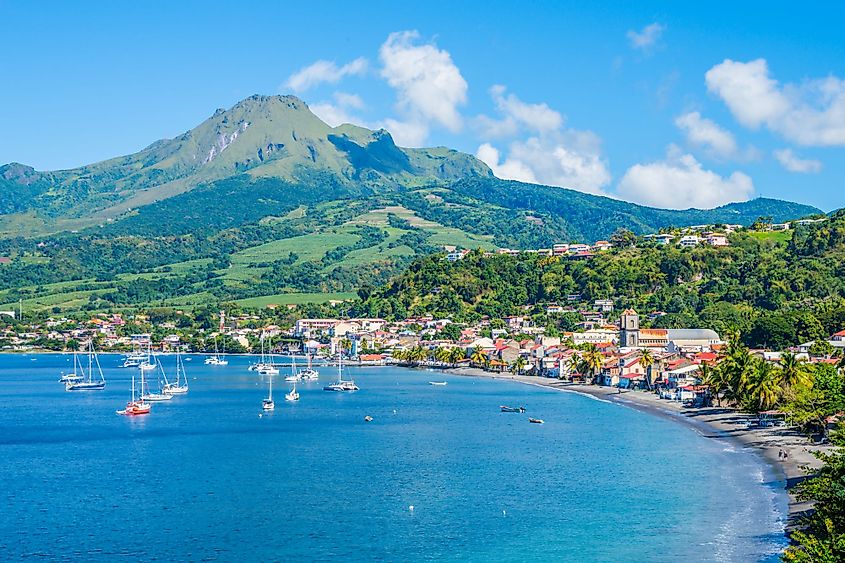 Saint Pierre Caribbean bay in Martinique beside Mount Pelee volcano