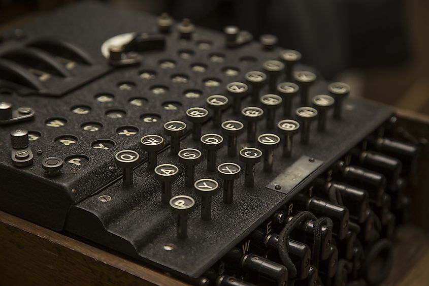 A German Enigma cipher machine with its keyboard and rotors visible