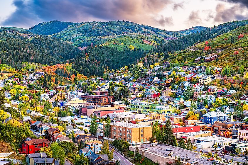 Park City, Utah, USA downtown in autumn at dusk.