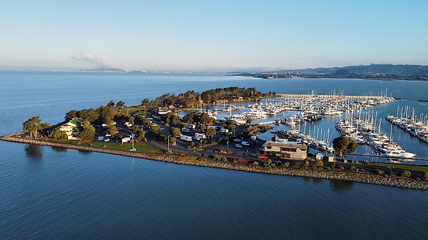 Aerial view of Emeryville Marina Park in Emeryville, California.